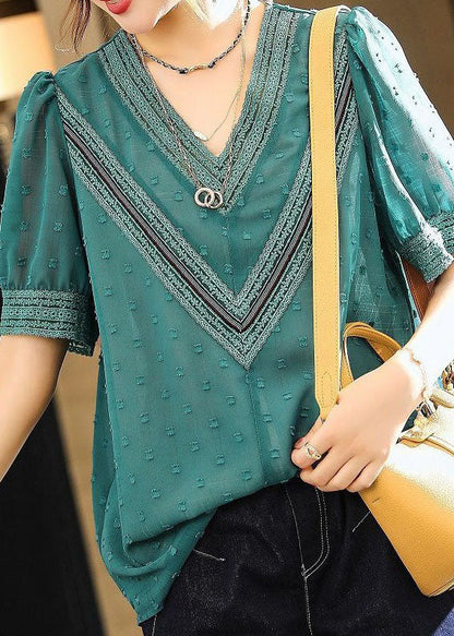 Stylish Blue V Neck Embroideried Lace Patchwork Chiffon Shirt Summer