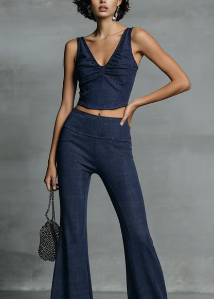 Stylish Blue V Neck Tank and Flared Trousers Cotton Two Piece Set Summer