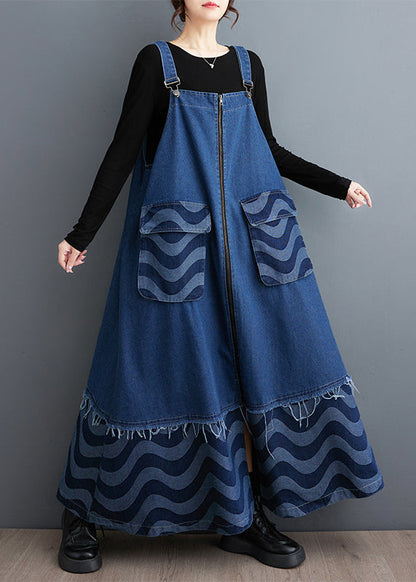 Stylish Blue Zip Up Patchwork Denim Strap Dresses Spring
