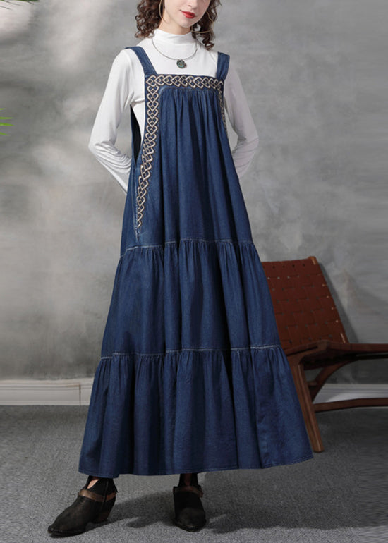 Stylish Blue Wrinkled Embroideried Spaghetti Strap Cotton Denim Dresses Spring