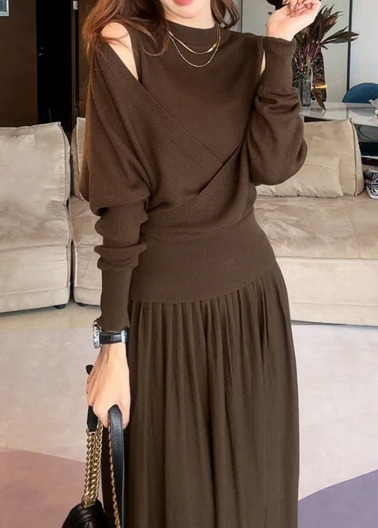 Stylish Brown Asymmetrical Cotton Knit Sweater and Maxi Skirts Two Pieces Set Winter