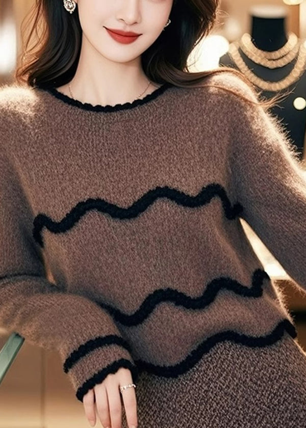 Stylish Brown O Neck Sweaters and Skirts Knit Two Pieces Set Spring
