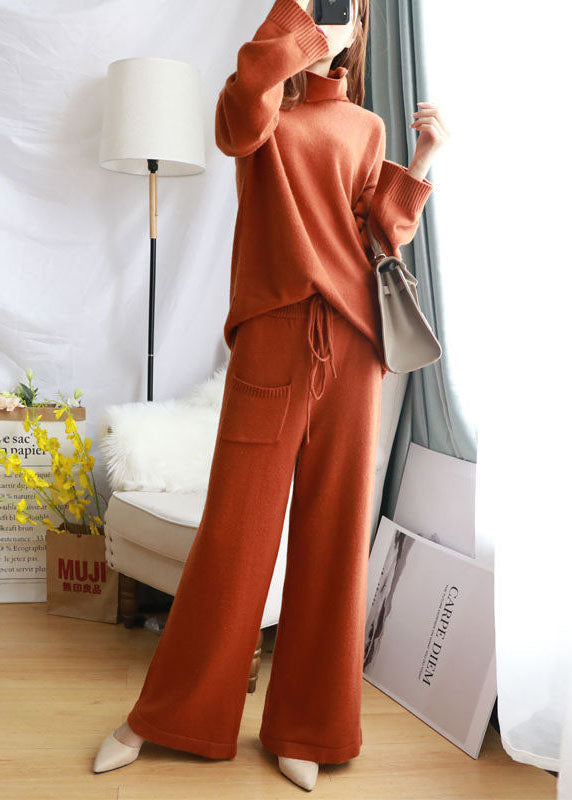 Stylish Caramel Turtle Neck Wool Knit Sweater and Wide Leg Pant Two Pieces Set Spring