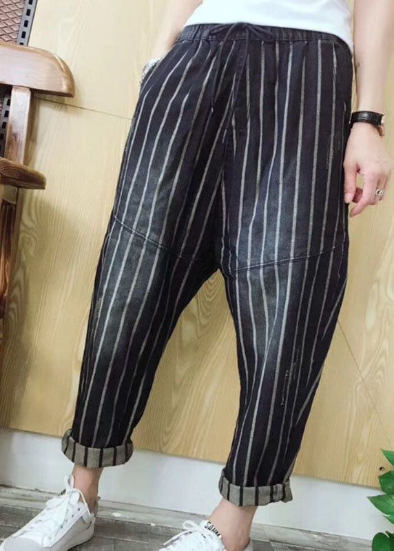 Stylish Elastic Waist Pockets Striped Fall Denim Pants