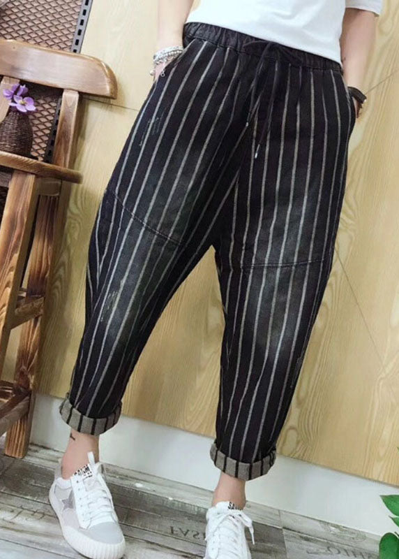 Stylish Elastic Waist Pockets Striped Fall Denim Pants