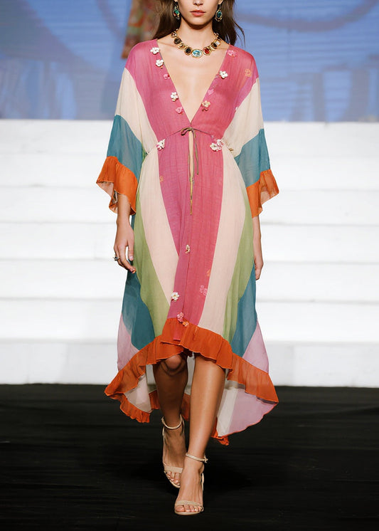 Stylish Colorblock Flower Patchwork Ruffles Cotton Dress Summer
