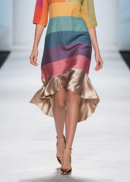 Stylish Colorblock V Neck Patchwork Linen Silk Dresses Summer