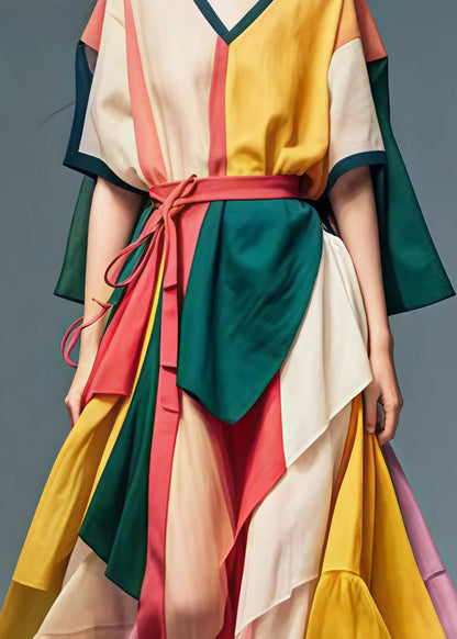 Stylish Colorblock V Neck Patchwork Tulle Ankle Dress Summer
