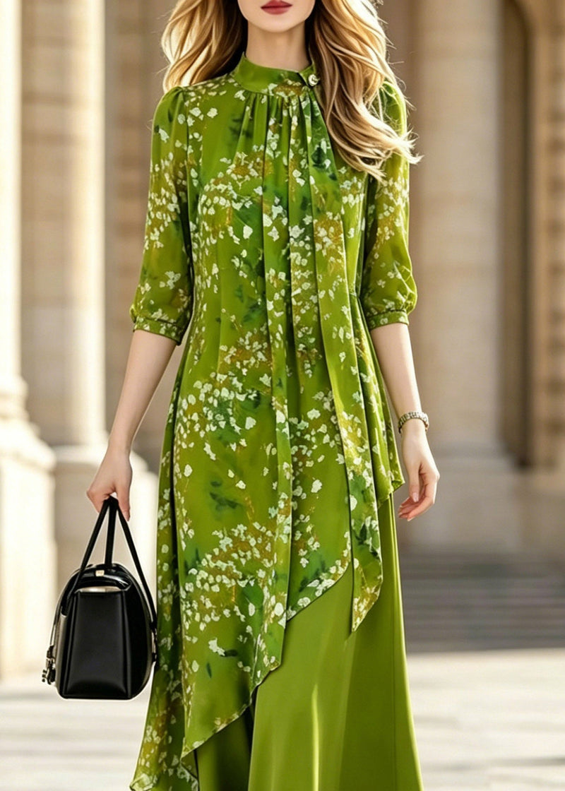 Stylish Green Asymmetrical Print Wrinkled Long Dresses Half Sleeve