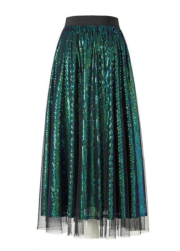 Stylish Green Elastic Waist Sequins Tulle a Line Skirt Spring