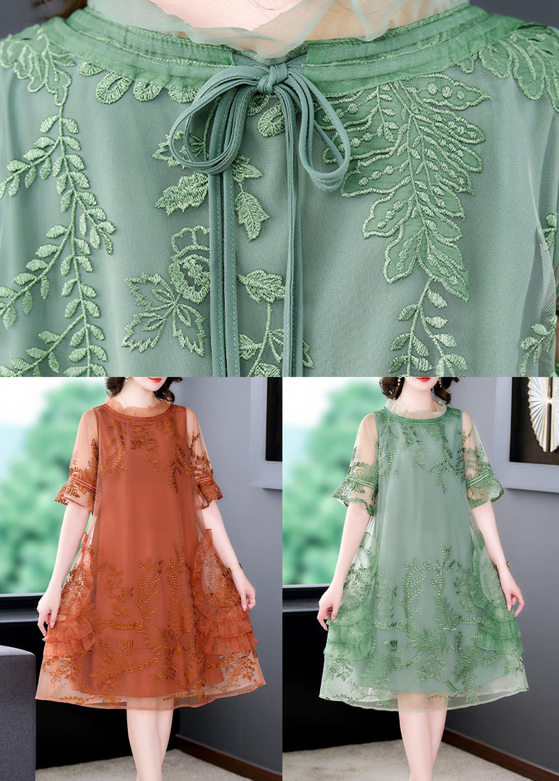 Stylish Green Print Patchwork Tulle Mid Dresses Summer