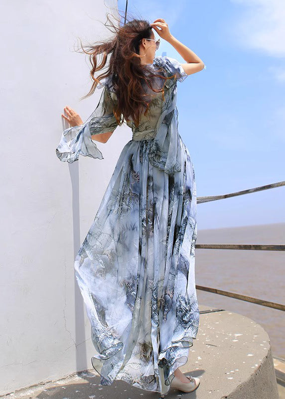 Stylish Green V Neck Chiffon Beach Long Dresses Flared Sleeve