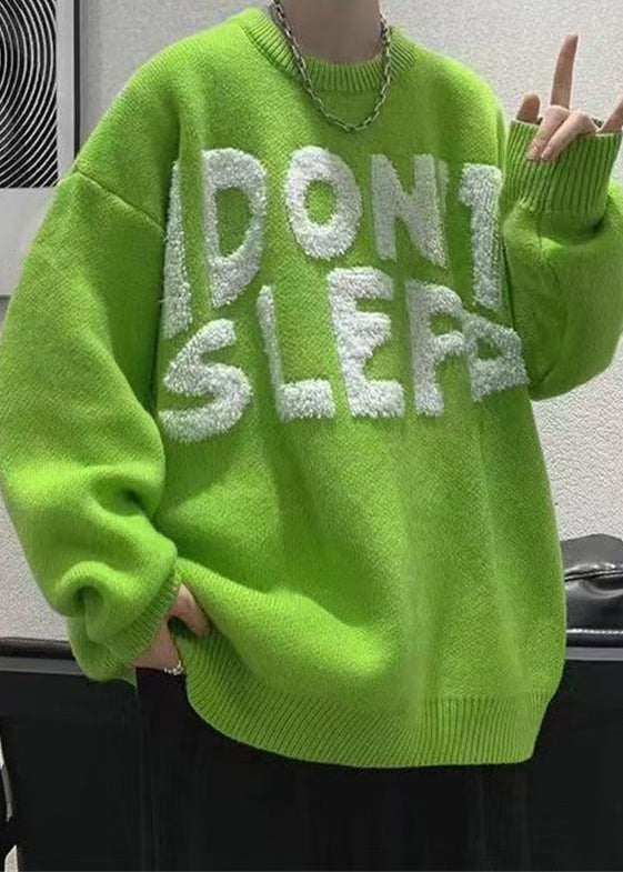 Stylish Green O Neck Letter Cozy Knit Sweaters Winter