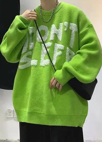Stylish Green O Neck Letter Cozy Knit Sweaters Winter