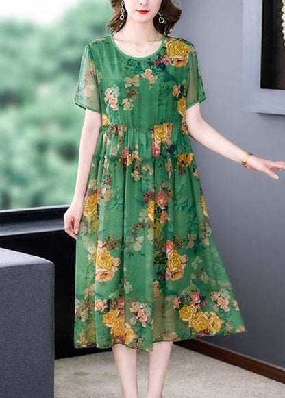 Stylish Green O-neck Ruffled Print Patchwork Silk Dresses Summer