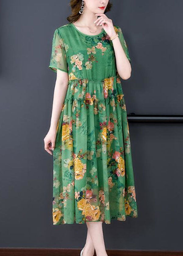 Stylish Green O-neck Ruffled Print Patchwork Silk Dresses Summer