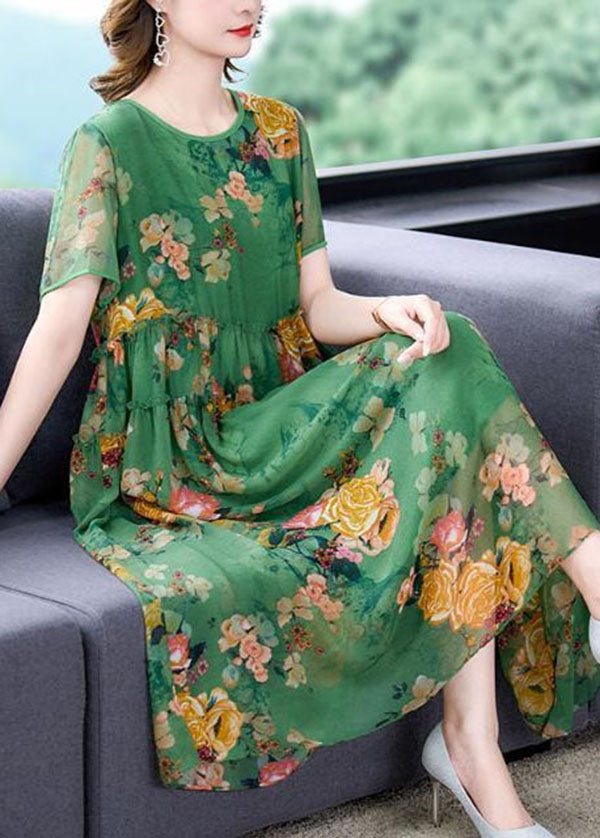 Stylish Green O-neck Ruffled Print Patchwork Silk Dresses Summer