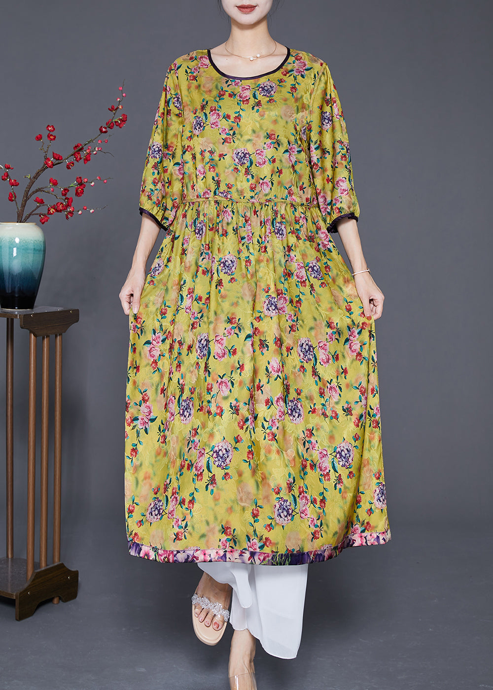 Stylish Green Oversized Print Wear on Both Sides Silk Long Dresses Summer