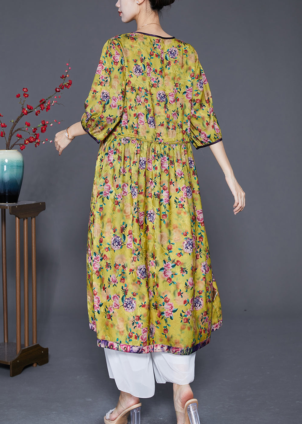 Stylish Green Oversized Print Wear on Both Sides Silk Long Dresses Summer