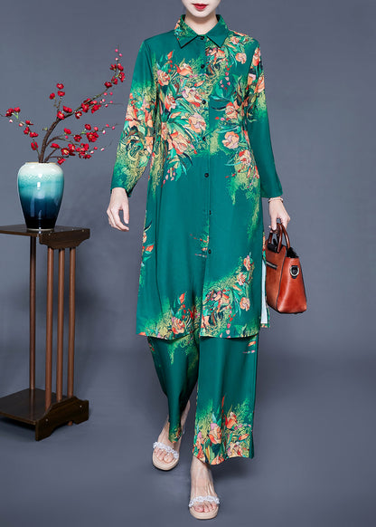 Stylish Green Peter Pan Collar Print Side Open Silk Two Piece Set Clothing Spring