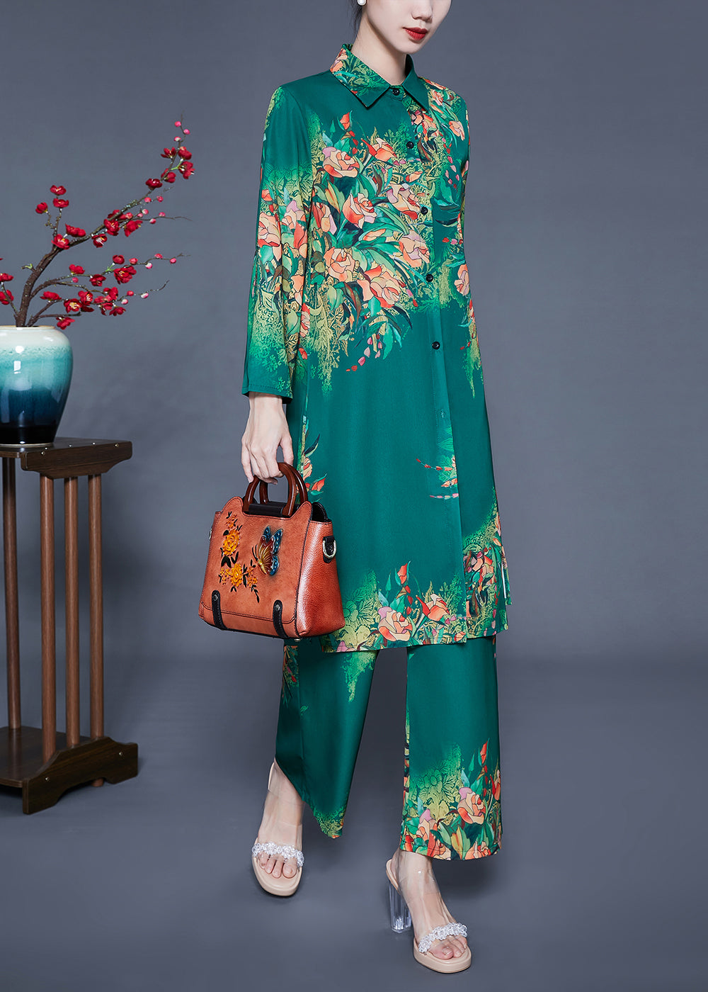 Stylish Green Peter Pan Collar Print Side Open Silk Two Piece Set Clothing Spring