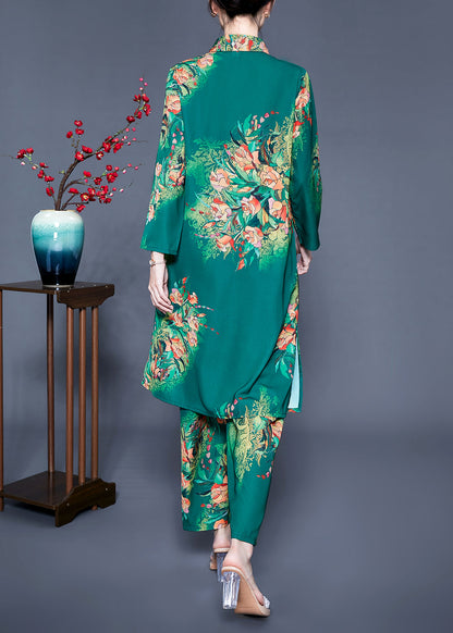 Stylish Green Peter Pan Collar Print Side Open Silk Two Piece Set Clothing Spring