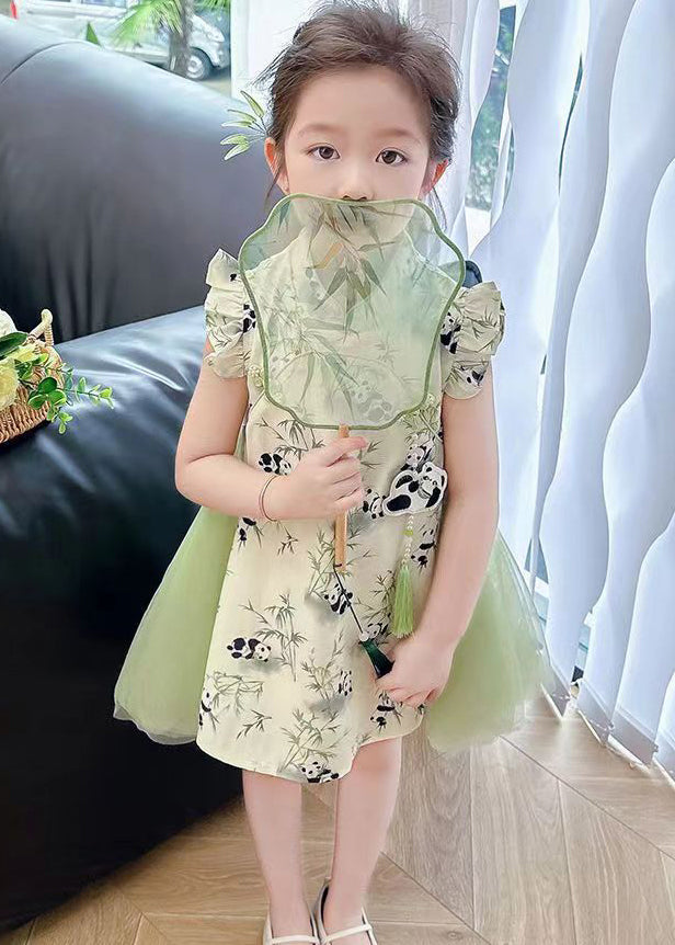 Stylish Green Print Tulle Patchwork Button Mid Dresses Summer