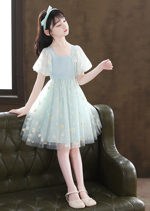 Stylish Green Puff Sleeve Daisy Tulle Kids Mid Dress Summer