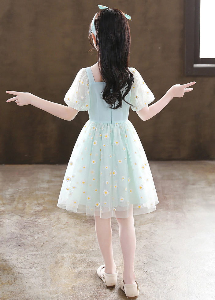 Stylish Green Puff Sleeve Daisy Tulle Kids Mid Dress Summer