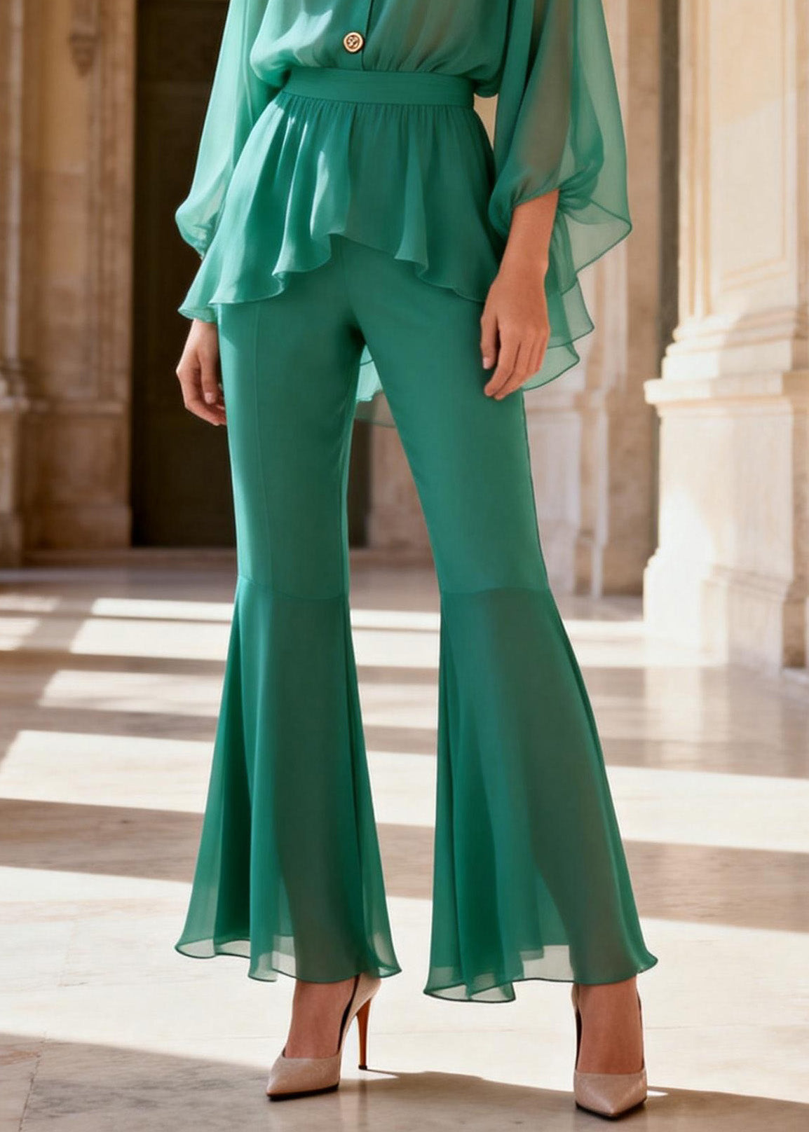 Stylish Green V Neck Patchwork Silk Two Piece Set Clothing Summer