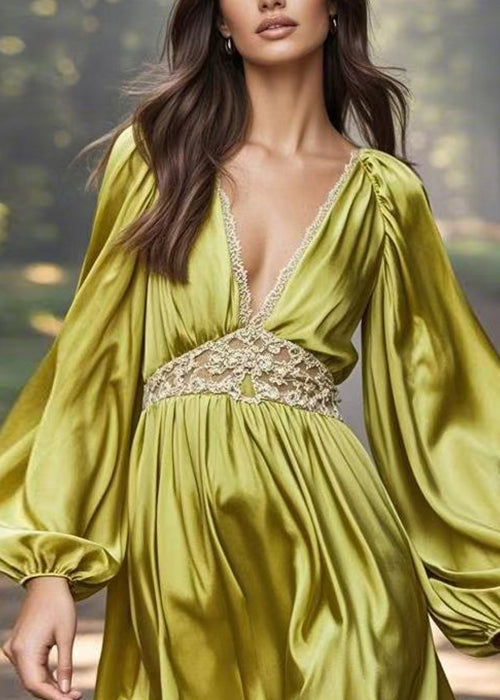 Stylish Green V Neck Patchwork Silk Mid Dress Spring