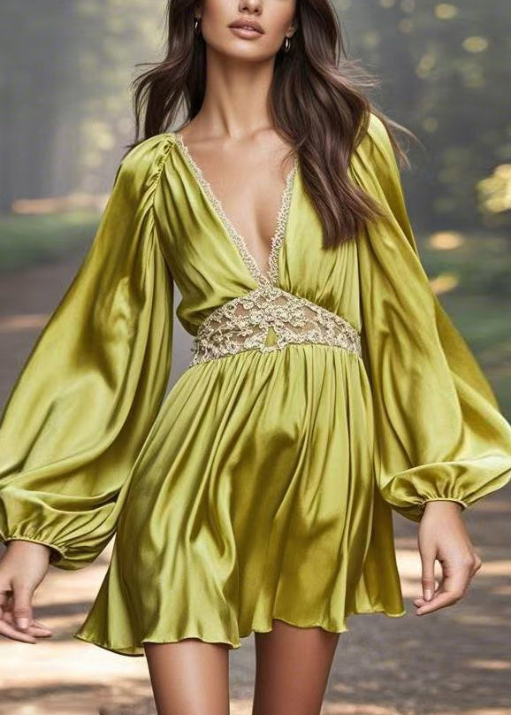 Stylish Green V Neck Patchwork Silk Mid Dress Spring