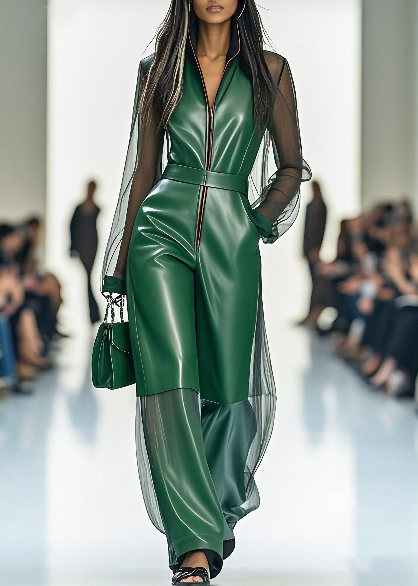 Stylish Green Zip Up Tulle Patchwork Faux Leather Jumpsuits Summer