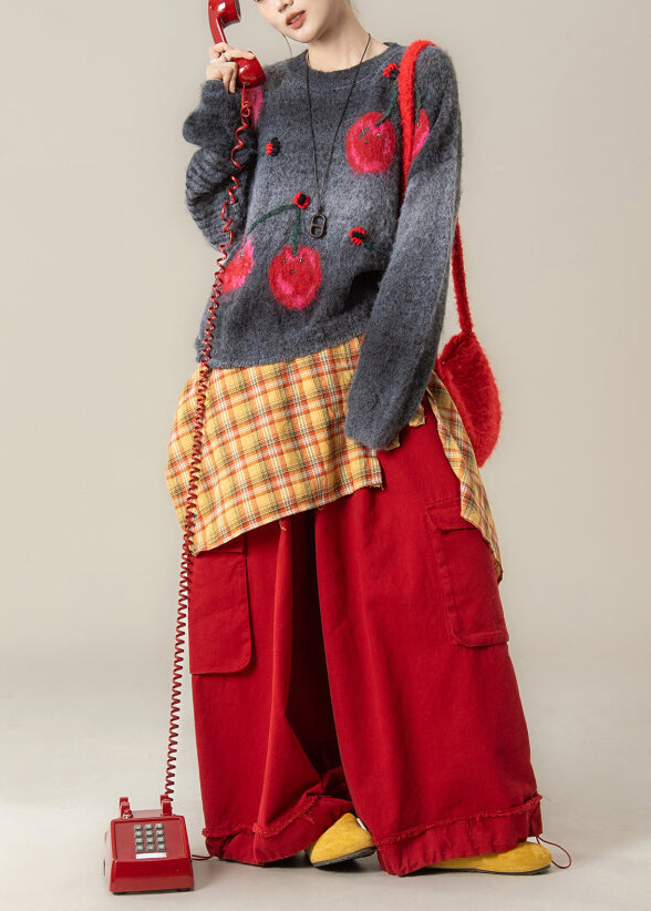 Stylish Grey Jacquard Sweaters and Red Pants Two Pieces Set Winter