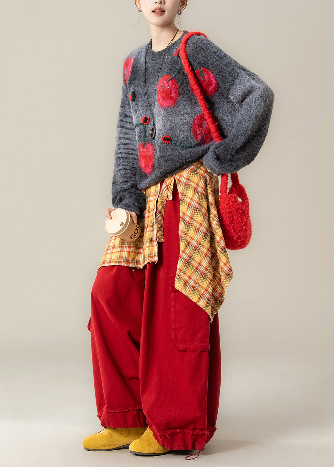 Stylish Grey Jacquard Sweaters and Red Pants Two Pieces Set Winter