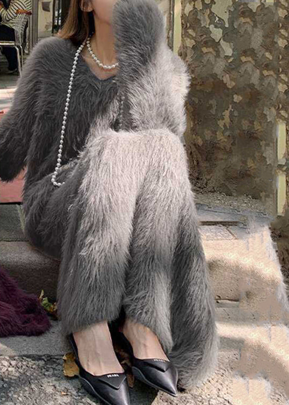 Stylish Grey Mink Hair Knitted Sweaters and Maxi Skirts Two Piece Set Winter