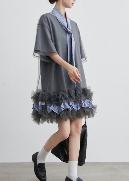 Stylish Grey O Neck Tulle Patchwork Cotton T Shirt Dresses Summer