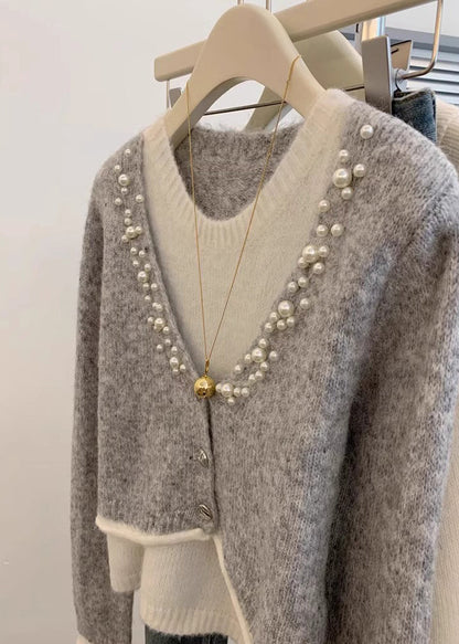 Stylish Grey Pearl False Two Pieces Knit Sweaters Spring
