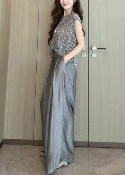 Stylish Grey Print T Shirt and Wide Leg Pants Two Pieces Set Summer