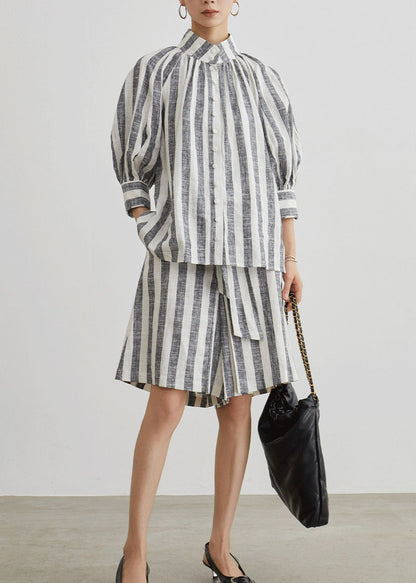 Stylish Grey Stand Collar Striped Cotton Two Pieces Set Summer