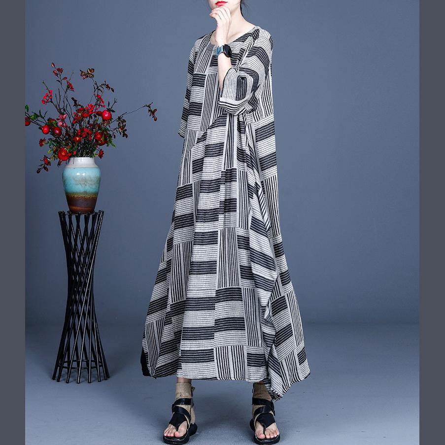 Stylish Grey Striped Patchwork Dress Summer Cotton Linen Dress