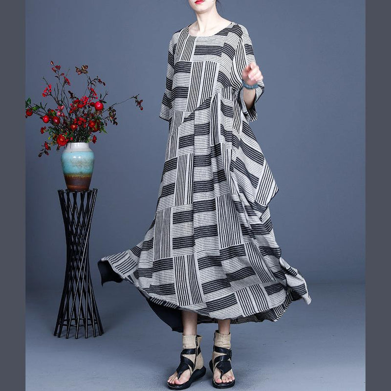 Stylish Grey Striped Patchwork Dress Summer Cotton Linen Dress