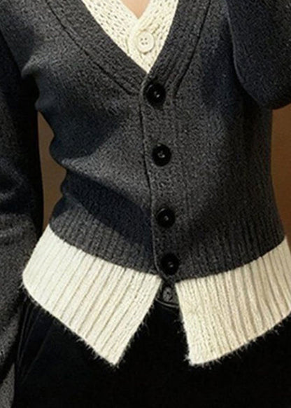 Stylish Grey V Neck Patchwork False Two Pieces Knit Sweater Spring
