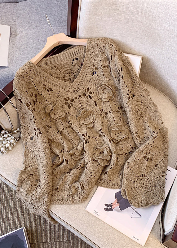 Stylish Khaki Oversized Hollow Out Knit Sweaters Fall