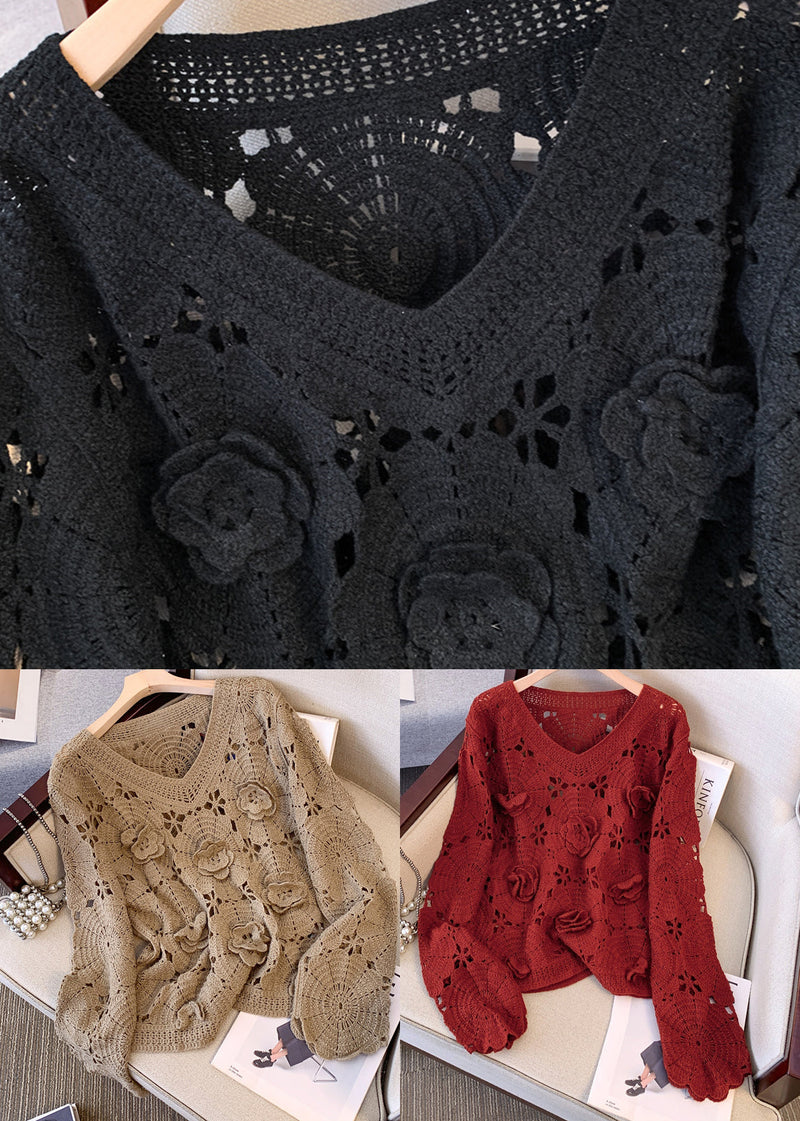 Stylish Khaki Oversized Hollow Out Knit Sweaters Fall