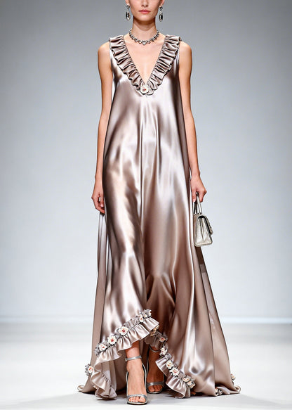 Stylish Khaki Ruffled Exra Large Hem Silk Long Dress Sleeveless