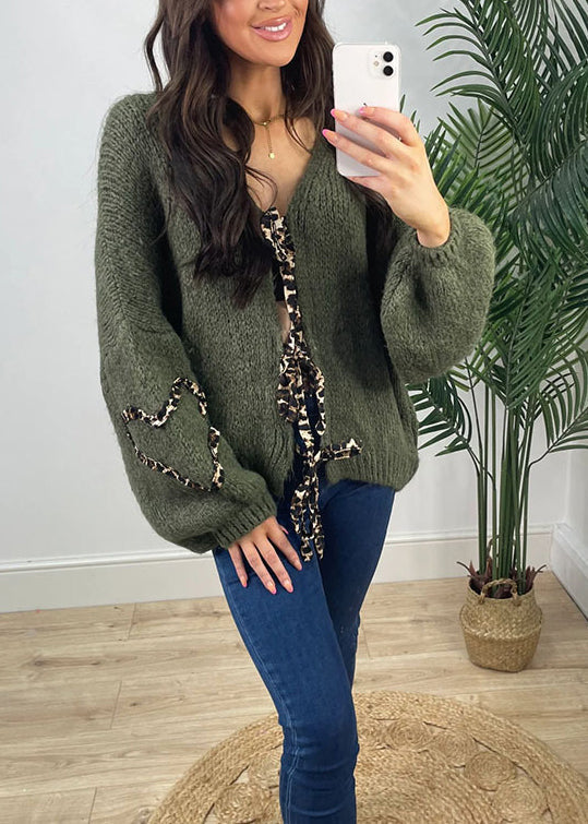 Stylish Khaki V Neck Lace Up Knit Cardigans Spring