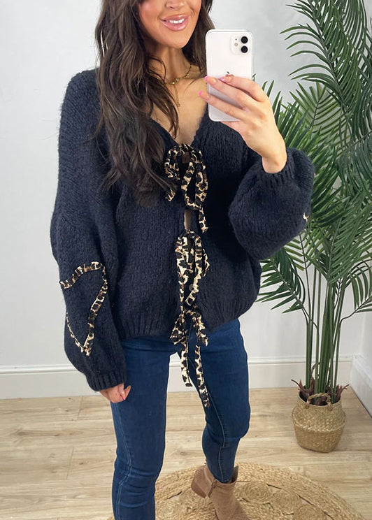 Stylish Khaki V Neck Lace Up Knit Cardigans Spring