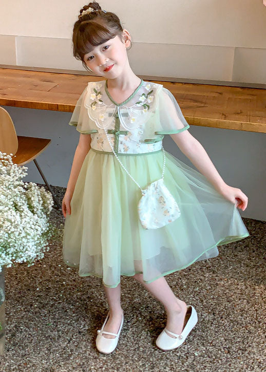 Stylish Light Green Embroideried Wrinkled Patchwork Tulle Kids Dress Summer