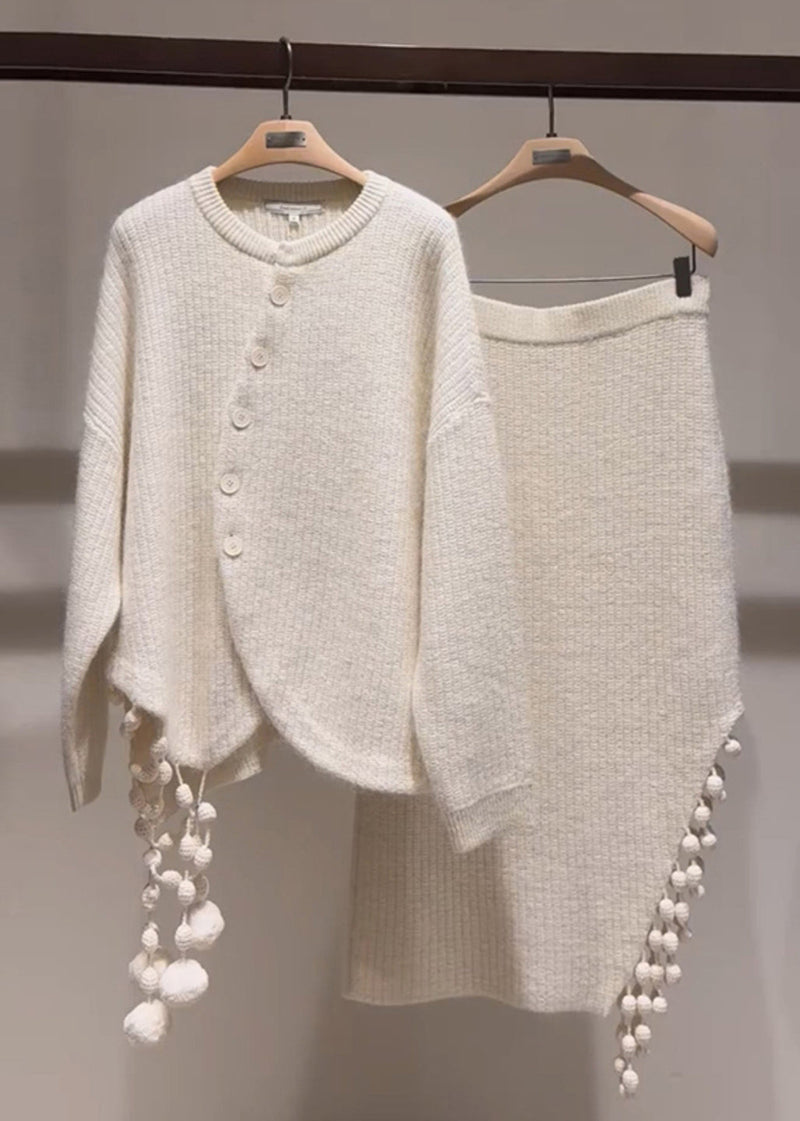 Stylish Light Grey Asymmetrical Tassel Patchwork Cotton Knit Sweaters and Maxi Skirts Two Pieces Set Winter